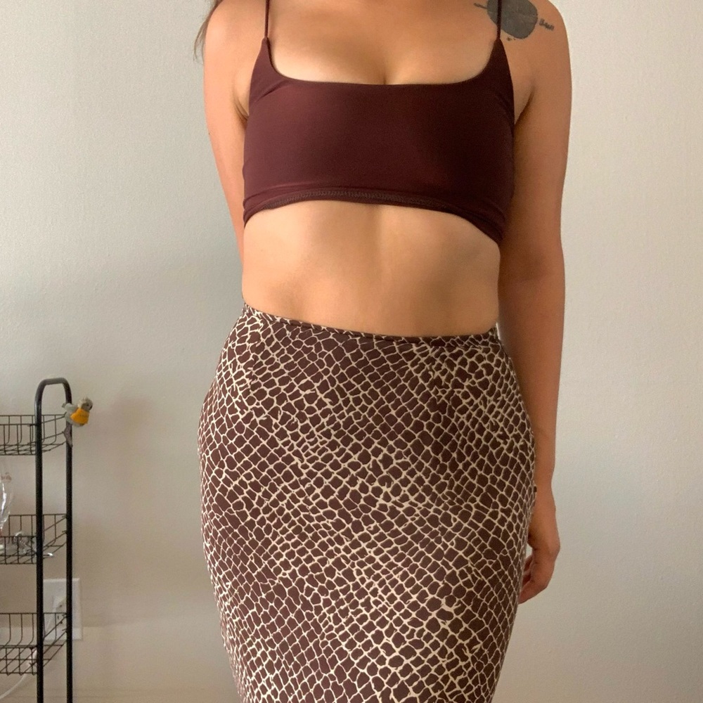 Long brown printed maxi skirt with animal print